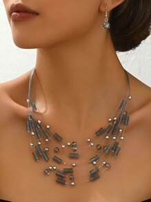 1pc Middle Eastern Style Bamboo Knot Layered Necklace & 1 Pair Glass Bead Earrings, Fashionable Jewelry Set For Women