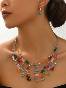 1pc Middle Eastern Style Bamboo Knot Layered Necklace & 1 Pair Glass Bead Earrings, Fashionable Jewelry Set For Women