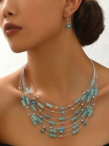 1pc Middle Eastern Style Bamboo Knot Layered Necklace & 1 Pair Glass Bead Earrings, Fashionable Jewelry Set For Women