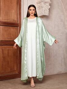 One Piece Women's Shiny Batwing Satin Open Kimono Abaya Muslim Kaftan Dress Islam Clothing Robe Outwear Long Coat - Mint Green - View 2