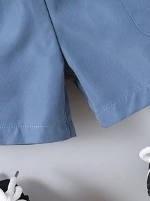 2pcs/Set Young Boy Summer Contrast Color Digger Print Shirt And Pocket Lid Shorts Set - Blue - View 6