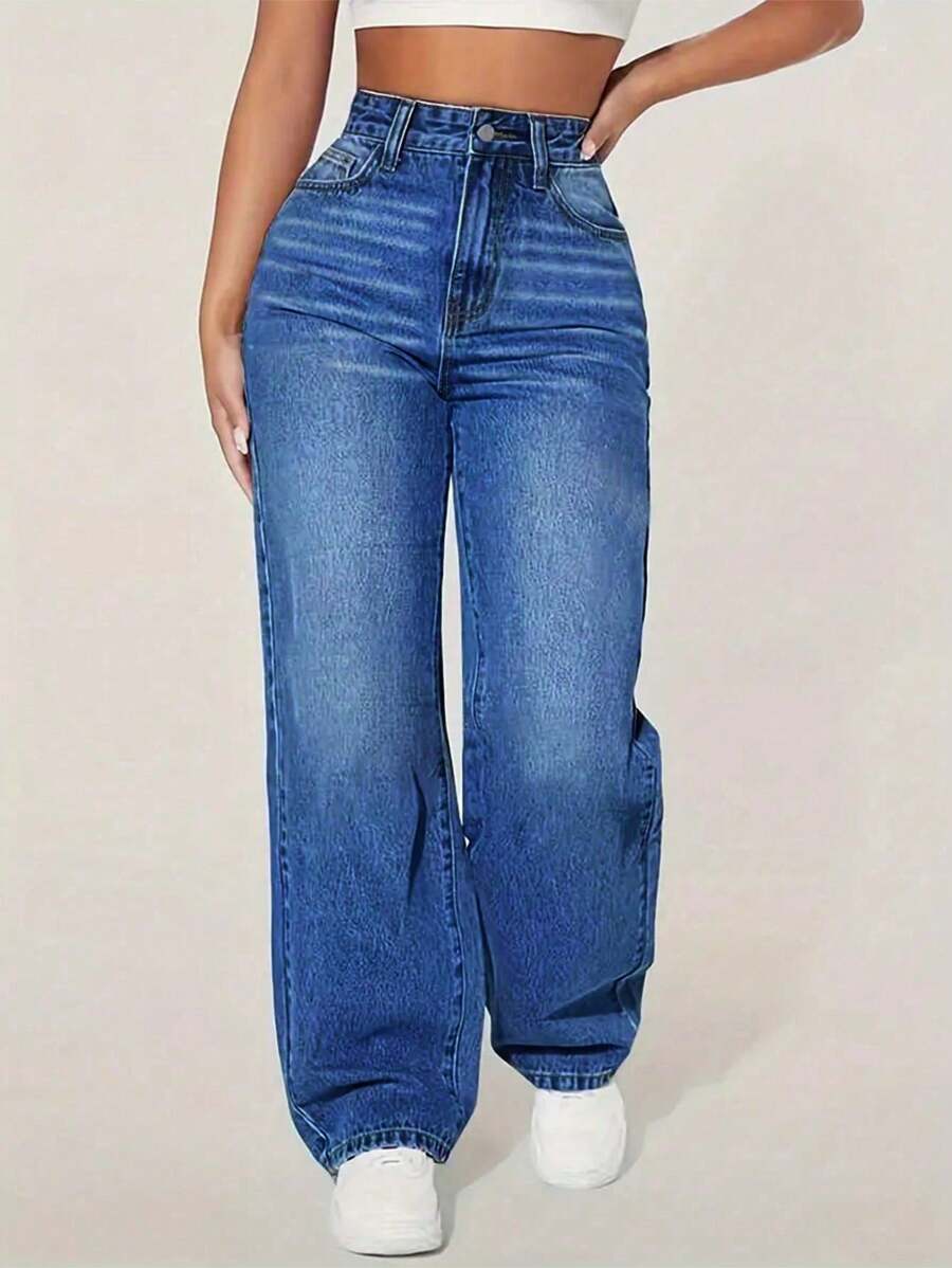 Women's High Waisted Boyfriend Baggy Jeans Straight Leg Casual Denim Pants - Rửa tối - Xem 1
