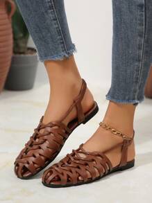 Women's Vintage Style Woven Hollow Closed Toe Chunky Heeled Sandals, Versatile Summer/Spring/Fall Retro Roman Shoes