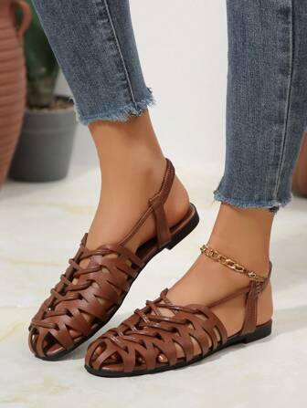 女士复古风格编织镂空包头粗跟凉鞋，百搭夏季/春季/秋季复古罗马鞋