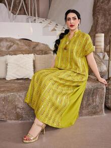 Elegant Arabic Women's V-Neck Dress With Embroidery & Metallic Threads, Graceful & High-End, Green Color, Spring/Summer 2025, Ramadan - Green - View 9