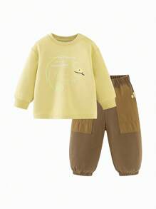 mini bala 儿童宽松运动衫和裤子套装，可爱的两件套春季服装 - 淺土黃 - 查看 4