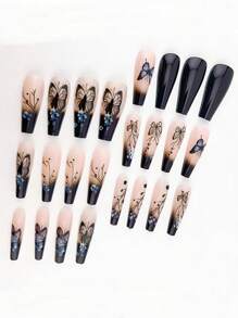 提升您的外观；24 件美甲长款芭蕾舞设计黑蝴蝶舞蹈压假指甲，光泽饰面，易于粘贴和去除。简约、甜美、优雅和奢华的风格，可拆卸假指甲贴纸，适合节日、派对、朋友聚会、日常佩戴，附赠 1 瓶凝胶果冻和一把指甲锉。按压您的指甲。美甲用品
