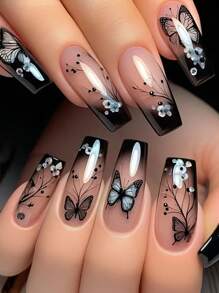 提升您的外观；24 件美甲长款芭蕾舞设计黑蝴蝶舞蹈压假指甲，光泽饰面，易于粘贴和去除。简约、甜美、优雅和奢华的风格，可拆卸假指甲贴纸，适合节日、派对、朋友聚会、日常佩戴，附赠 1 瓶凝胶果冻和一把指甲锉。按压您的指甲。美甲用品