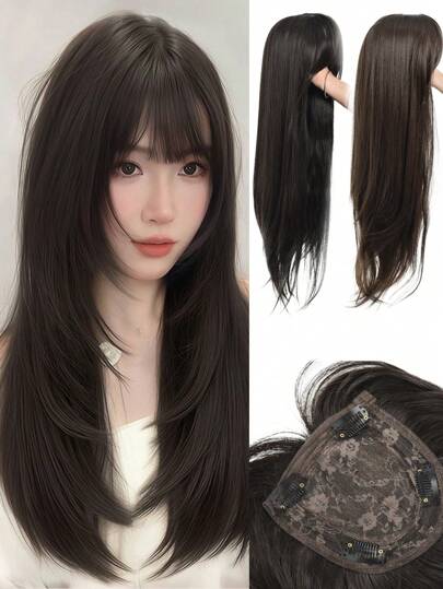 24 英寸女士合成假发片，适合稀疏头发，合成中分假发片，长直发，带刘海的假发片