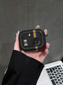 Leren textuur oortelefoonhoesje, creatieve instant camera-stijl beschermhoes compatibel met AirPods Pro 2e generatie, AirPods 1/2/3, draadloze Bluetooth-oortelefoon, minimalistische INS-stijl, zwart en wit