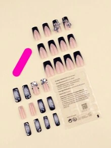 Y2K 24 片哥特式指甲中方形按压指甲闪亮假指甲法式黑色假指甲 3D 指甲艺术十字指甲美甲用品指甲 - 彩色 - 查看 2