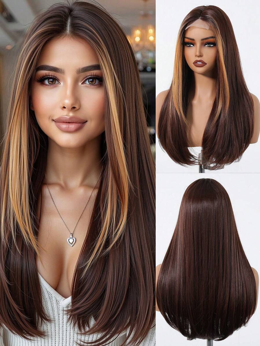 U-Part Front Lace Wig For Women 24 Inch Brown Hightlight Long Straight Wigs Heat Resistant Wig For Daily Party Use