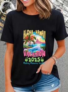 Family Vacation 2025 Aloha Hawaii Hawaiian Matching Group T-Shirt - Black - View 1