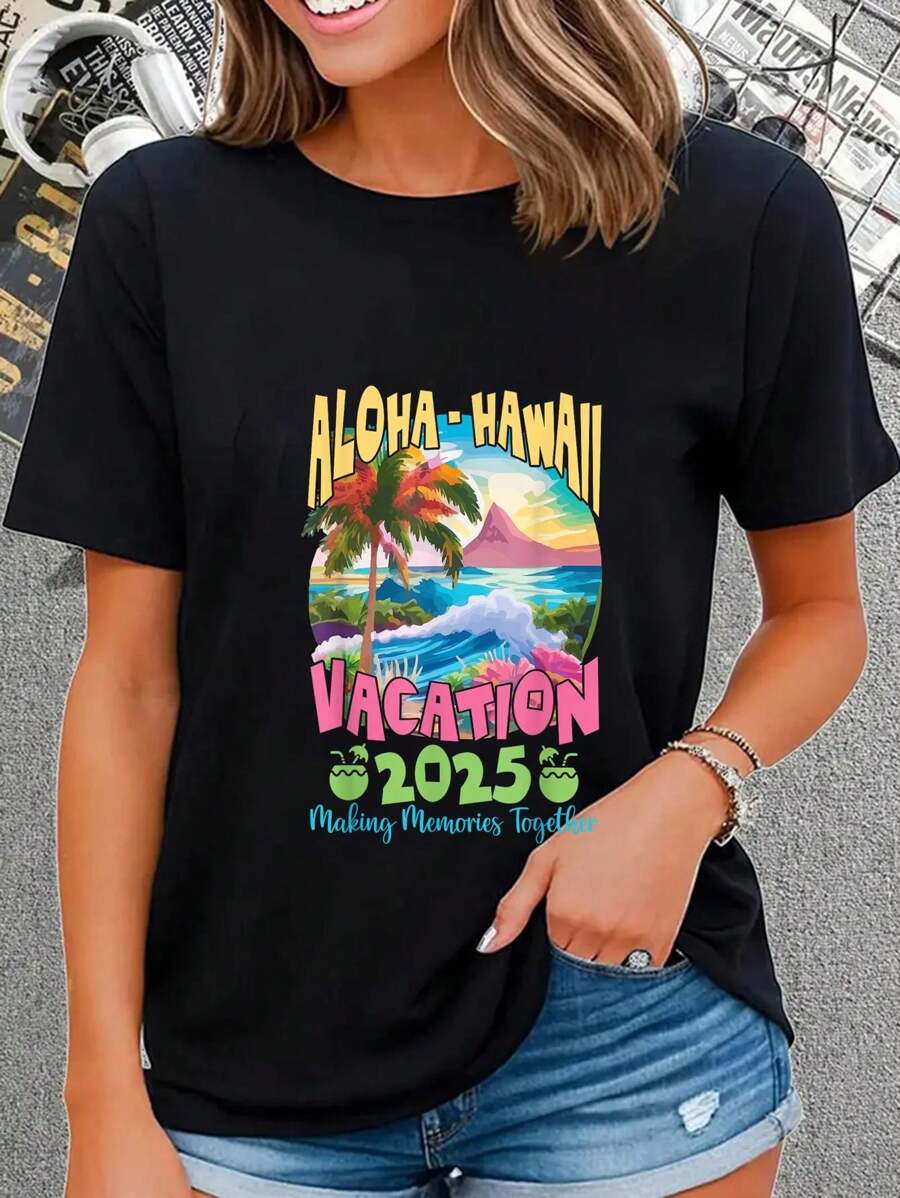 Family Vacation 2025 Aloha Hawaii Hawaiian Matching Group T-Shirt - Black - View 1