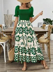 女士夏季印花腰部拼接度假连衣裙，优雅休闲 - 彩色 - 查看 9