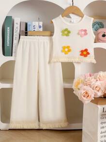 Kleine Mädchen 2 Stücke/Set Lässig 3D Blume Ärmelloses Quaste Tank Top Und Hosen Set, Sommer - Beige - Übersicht 1