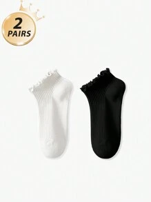 2/6/12 Pairs For Women, Black And White Ruffled Ear Edge Vertical Stripes, Breathable And Refreshing, Ins Style, College Style Ankle Socks, Home, Commuting, Party All-Match, Valentine's Day Gift - Multicolor - View 7