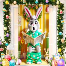 1 件涤纶复活节兔子装饰门横幅，35.43 * 70.87 英寸，兔子设计背景，家庭户外草坪门廊庭院装饰，春新年复活节狂欢派对横幅 - 彩色 - 查看 1