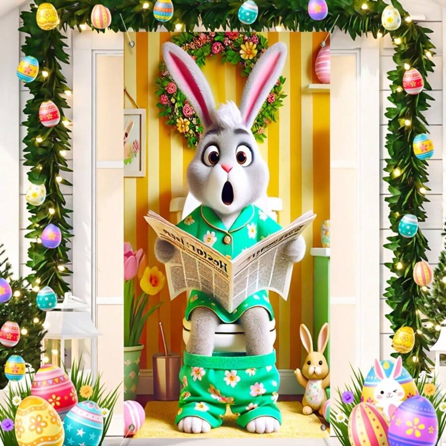 1 件涤纶复活节兔子装饰门横幅，35.43 * 70.87 英寸，兔子设计背景，家庭户外草坪门廊庭院装饰，春新年复活节狂欢派对横幅 - 彩色 - 查看 1