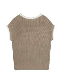 Áo len dệt kim tay cánh dơi phối màu tương phản thường ngày cho nữ Áo len dệt kim tay lửng Áo vest không tay Áo mùa hè Quần áo mùa xuân Áo ba lỗ quá khổ Áo phông - Màu Khaki - Xem 2