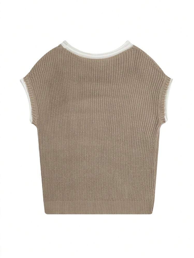 Women's Contrast Trim Casual Contrast Patchwork Batwing Sleeve Knit Top, Short Sleeve Knit Sweater, Sleeveless Tank Top, Summer Top, Spring Clothing, Loose Camisole, T-Shirt - Khaki - View 7
