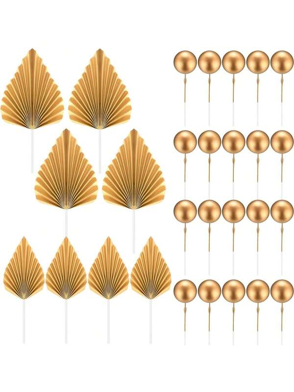 28 pezzi o 2 pezzi Decorazioni per torte dorate, decorazioni per torte in carta con foglie di palma dorate, decorazioni per torte con palline di schiuma e foglie di palma di carta, adatte per torte di compleanno, battesimo, matrimonio, pensionamento, tema oro per uomini e donne, forniture per decorazioni per feste