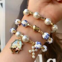 1 件，手工制作的心形手链珍珠贝壳珠手链可调节编织吊饰流苏宗教手链女士