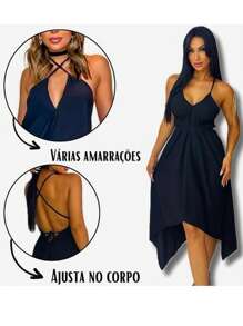 Women's Short Wrap Dress With Straps - 黑色 - 查看 3