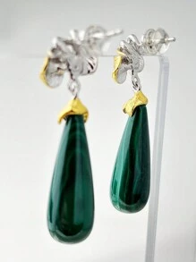 1 Pair 925 Sterling Silver Luxury Vintage Peacock Stone Pendant Earrings, Golden Floral Petal & Delicate Leaf Design Jewelry, Displaying Elegant Feminine Charm, Suitable For Formal Occasions Like Gala And Wedding