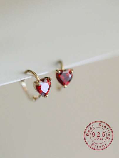 1 par de pendientes de aro mini chapados en oro de 14K con estilo francés elegante de plata esterlina 925 con granate para niña