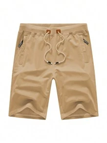 Summer Men's Knit Sport Shorts, Cotton Casual Drawstring Shorts With Zipper Pockets Elastic Waist - Màu Khaki - Xem 2