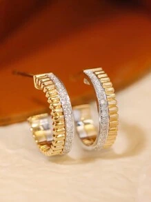 2pcs S925 Sterling Silver Original Versatile Ins Style Bicolor Luxury Cubic Zirconia C-Shape Stud Earrings, Suitable For Women's Daily Wear, Holiday And Party, Jewelry Gift