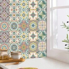 10 件花卉印花瓷砖贴纸，自粘 PVC 墙纸，适用于厨房、客厅、浴室墙壁、地板、桌子、橱柜和其他家居装饰翻新 - 彩色 - 查看 3
