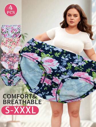 4Pcs Plus Size Briefs Seamless High Waist Panties Women's Floral Design Waist Trainer High Elasticity Large Woman Underwear Flat Belly Sheath Briefs