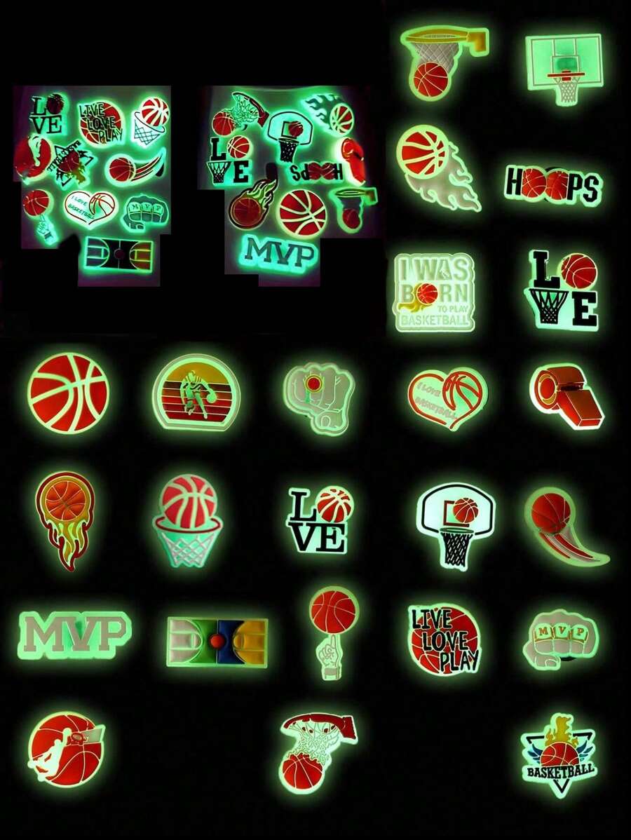 12/24 件篮球运动系列卡通腕带、饰物、鞋饰、DIY 配件。具体型号见对应图表（手工制作，背面可能有轻微漏胶或小瑕疵，但不影响正常使用） - 彩色 - 查看 1