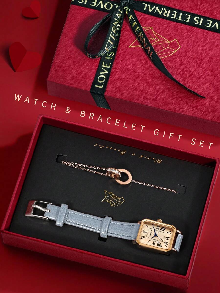 1 件 LUCKYFOX 石英模拟腕表，配皮革表带，时尚商务/休闲锌合金表盘，豪华礼品套装包括手链和贺卡，适合节日、情人节 - 藍 - 查看 1