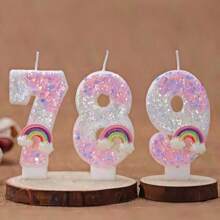 1pc Unicorn Theme Shiny Powder White Sequin Decor Gradient Cute Tricolor Rainbow Cloud, Symbolizing Romantic Happiness, Creative Handmade DIY Cake Topper Numbers 0-9 Happy Birthday Celebration, Interesting Glitter Birthday Candles Cake Decor