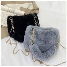 Fashion Women Fluffy Shoulder Bags Female Winter Chain Underarm Bag Solid Color Handbag Soft Plush Handle Bag - Beige - View 3