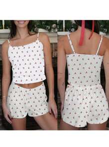 Cccoqdj Womens Heart/Tree/Cherry Print Ribbed PJ Set Crop Cami Tops And Shorts Cute Pajamas Set Summer Sleepwear - Pink Cherry - View 6