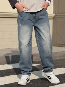 Jeans droits décontractés vintage lavés pour garçons, pantalon en jean déchiré pour adolescents, printemps/automne