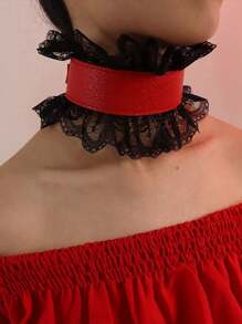 1pc Women's Retro Princess Style Faux Leather Floral Lace Ruffle Collar Gothic Victorian Choker Necklace, Suitable For Christmas, Carnival Party - Black - View 8