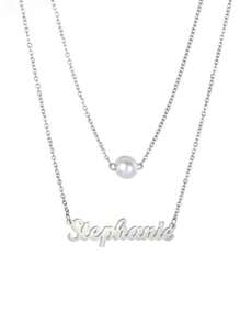 1pc DIY Customized Double Layer Pearl Hollow English Letter Stainless Steel Pendant Necklace Cross Border New Women's Jewelry Customizable Name Simple Daily Style, Products Including Gift Box, Valentine's Day Gift, Birthday Gift, Mother's Day Gift, Daily Gift