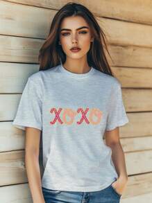 Women'sValentine's Day Themed XOXO Alphabet Glitter Crystal Print T-Shirt Fashion Short Sleeve Round-Neck Slm Fit Tops Summer Casual Streetwear - Grey - View 1