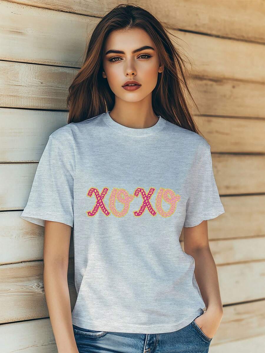 Women'sValentine's Day Themed XOXO Alphabet Glitter Crystal Print T-Shirt Fashion Short Sleeve Round-Neck Slm Fit Tops Summer Casual Streetwear - Grey - View 1