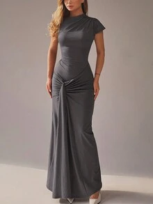 Brown Lace-Up Bandage Patchwork Ruffle Short Sleeve Dress - Dark Grey - View 3