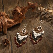 1 Pair Women's Fashion Tassel Earrings, Bohemian Style Geometric Rhombus Pattern Handmade Glass Beaded, Suitable For Daily Wear, Versatile Gift