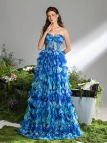 Vestido de fiesta formal y vestido de noche con corsé drapeado de malla lujoso y elegante de Faeriesty - Azul - Ver 2