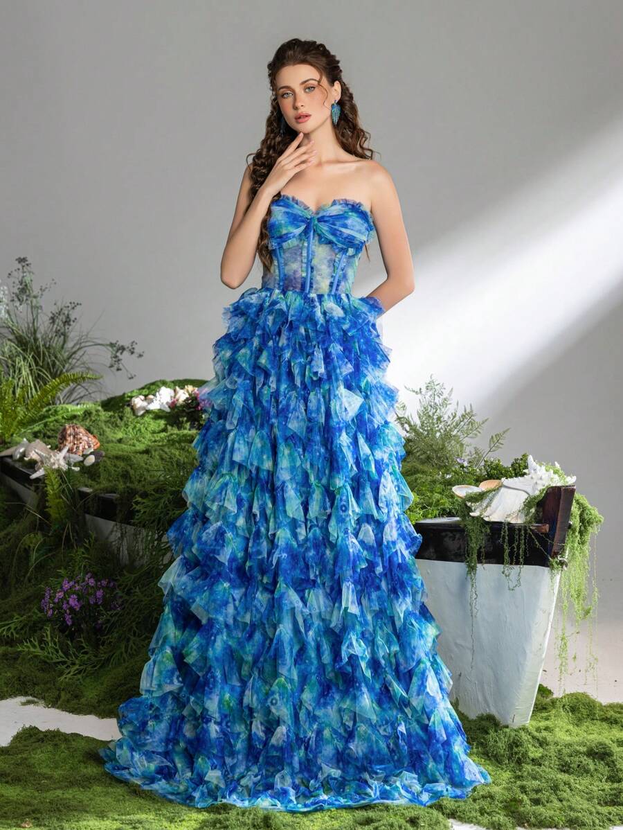 Vestido de fiesta formal y vestido de noche con corsé drapeado de malla lujoso y elegante de Faeriesty