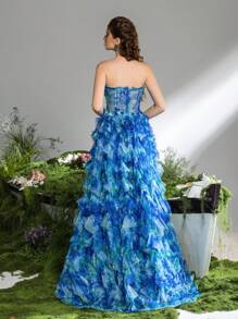 Vestido de fiesta formal y vestido de noche con corsé drapeado de malla lujoso y elegante de Faeriesty - Azul - Ver 3