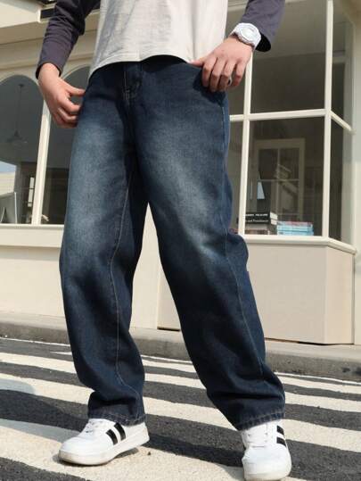 Retro blaue Jeans im Used-Look für Teenager Jungen, amerikanischer Stil, vielseitige Straight-Leg Denimhose, Frühlings- und Herbst-Kollektion, große Kindergrößen